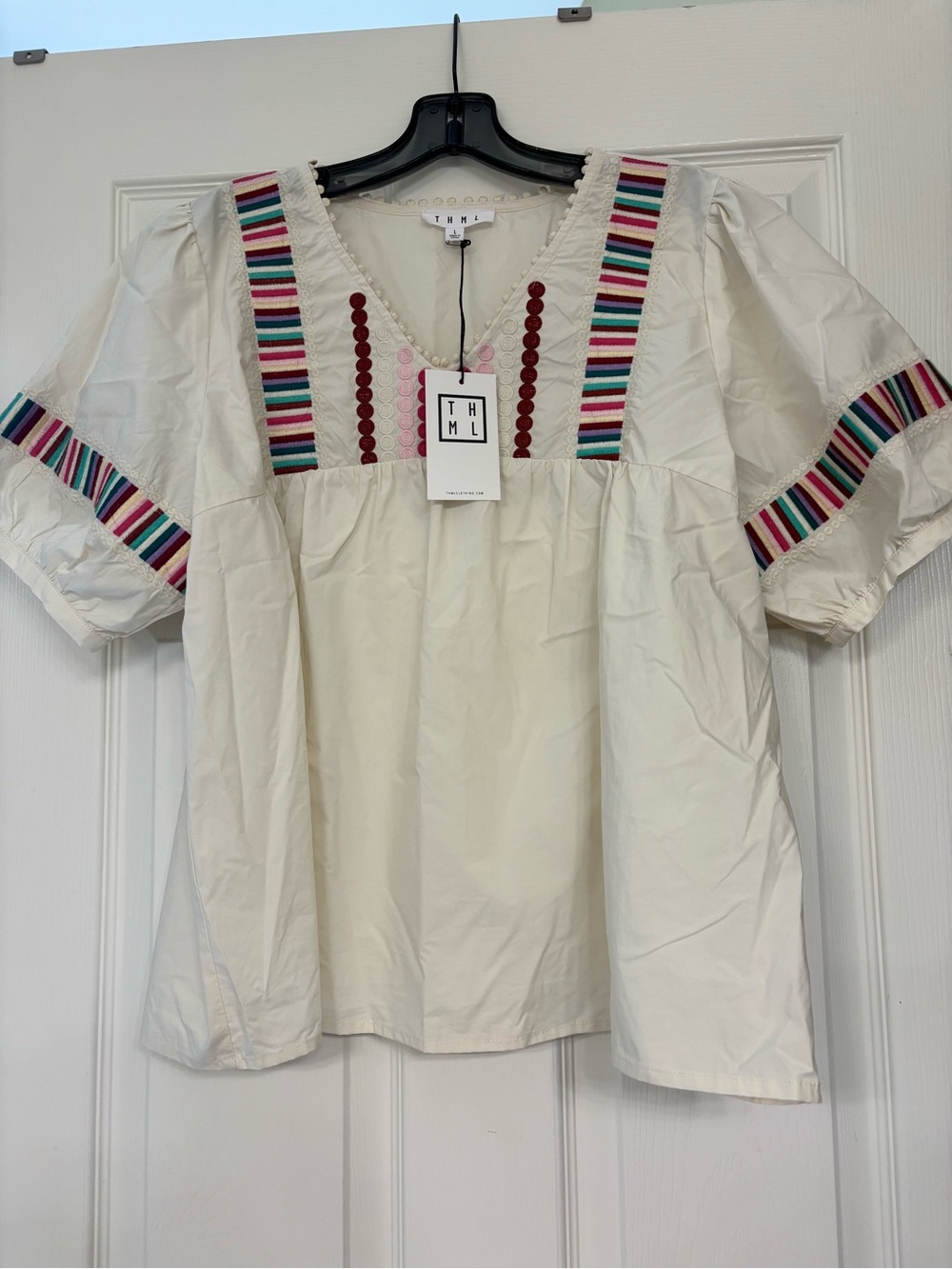 THML Cream Peasant Blouse with Multicolor Stripe Trim